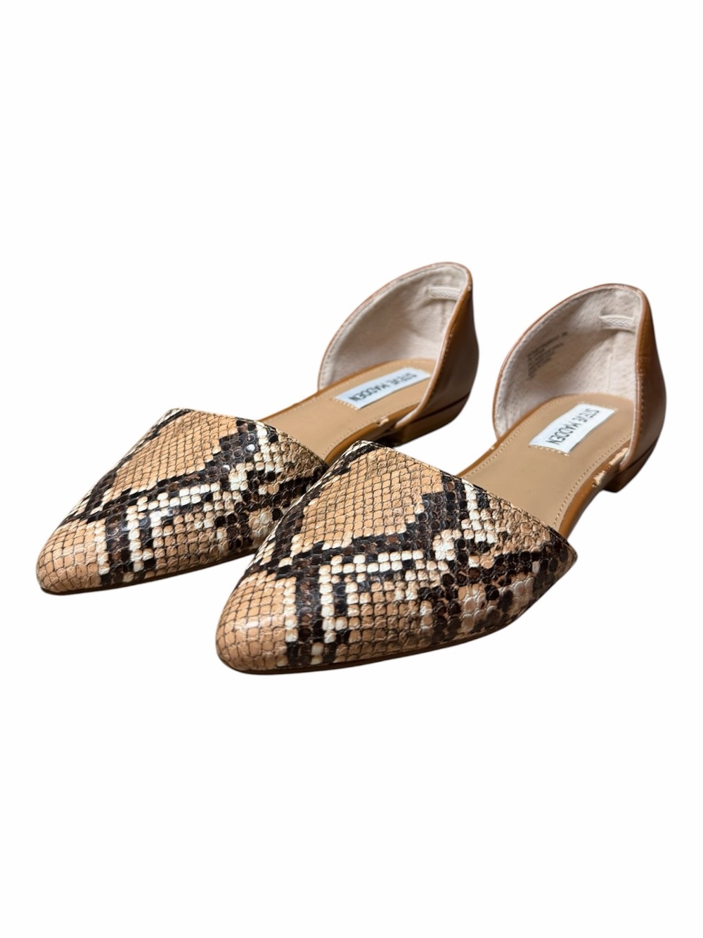 Steve Madden Snake-Print Pointed Toe Flats in Tan and Black